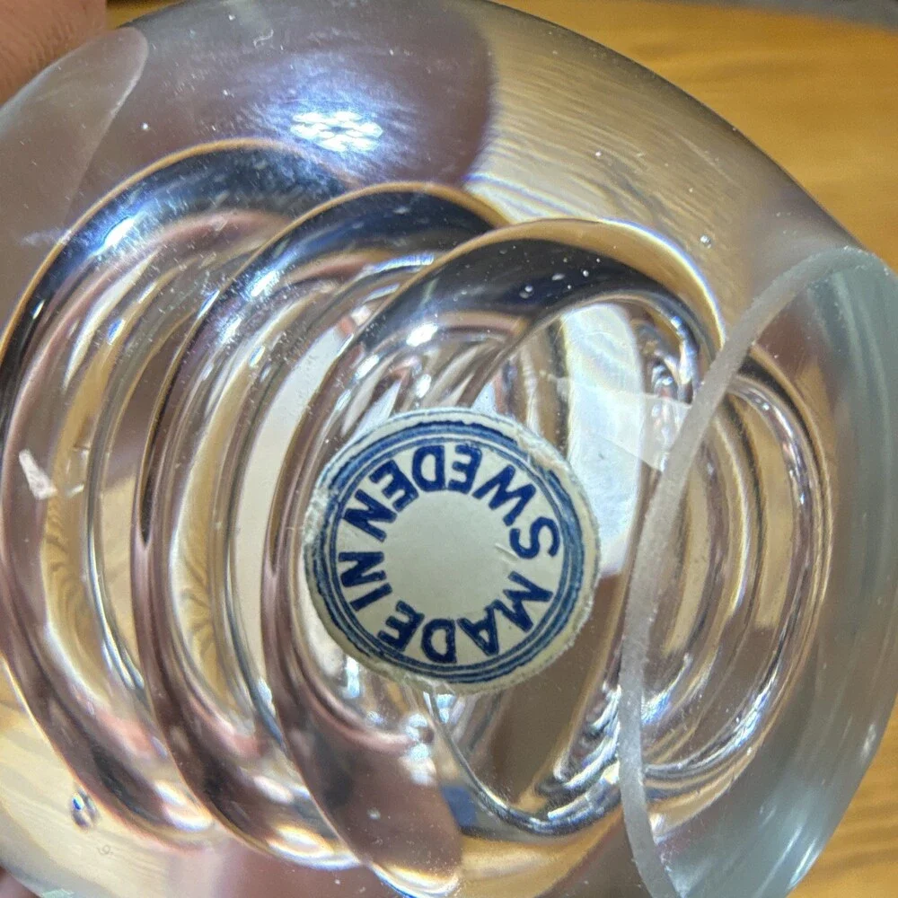 Sweden Clear Glass Orb Paperweight Spiral Design Square Base